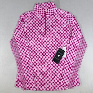 NWT IBKUL Womens‎ Small Long Sleeve Top 1/4 Zip Mock Neck Hot Pink White Print